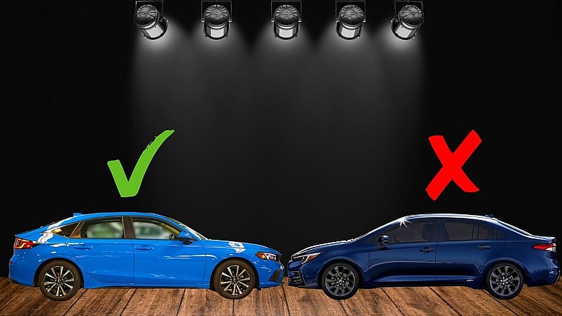 A Toyota Corolla Hybrid And The Honda Civic Hybrid On A Stage, Indicating A Contest Of Which Is Best