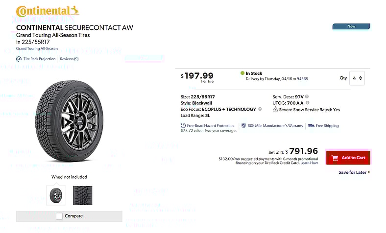A Screenshot Of The Continental Securecontact Aw Tire On Tirerack
