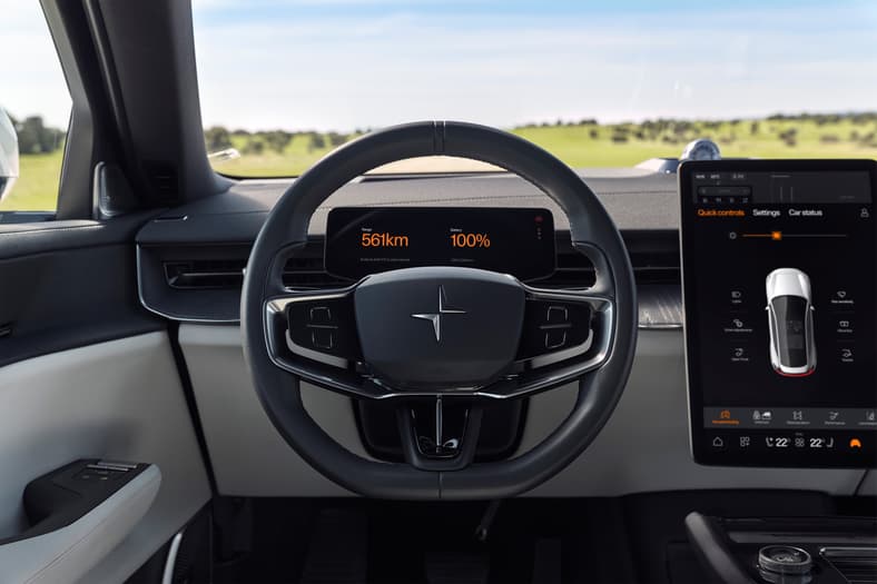 The Steering Wheel And Center Screen Of The Polestar 3 From The Perspective Of The Driver