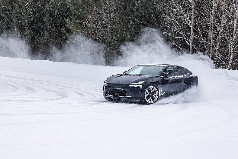 The Polestar 4 Pulling Out Of A Slide On The Ice