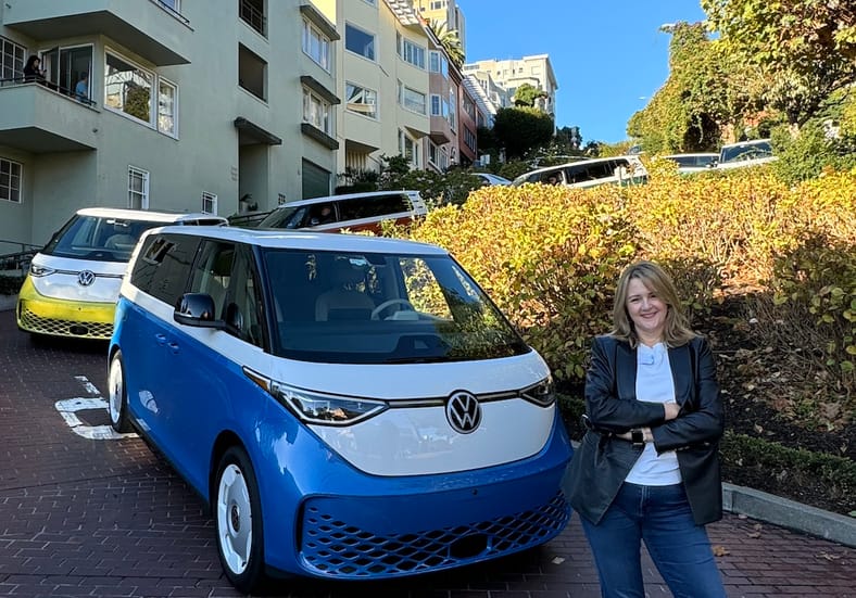 All the 2025 VW ID Buzzes on Lombard Street in San Francisco