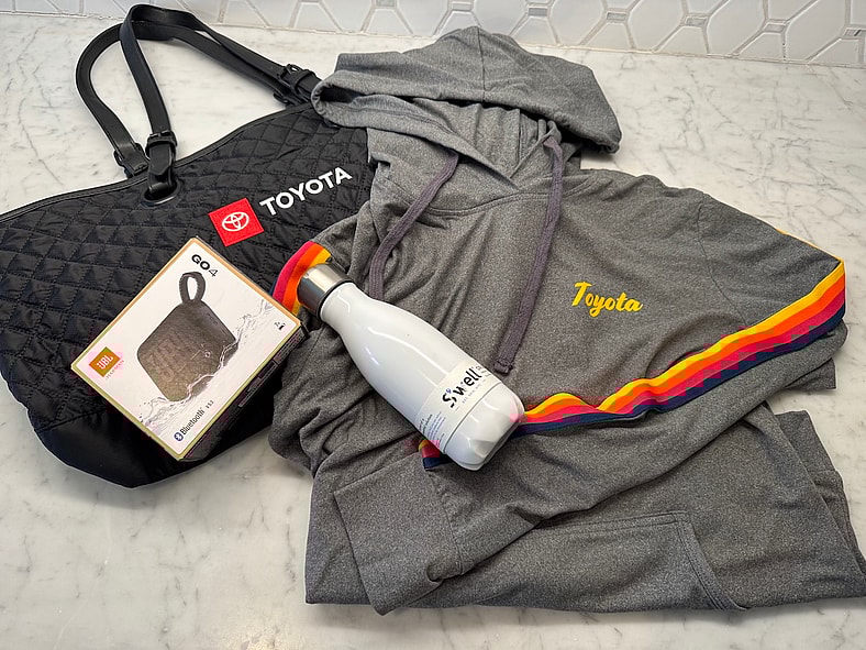 This Toyota Gift Pack Features A Hoodie (Women'S M) A Jbl Speaker, A Toyota Tote And A Swell Water Bottle