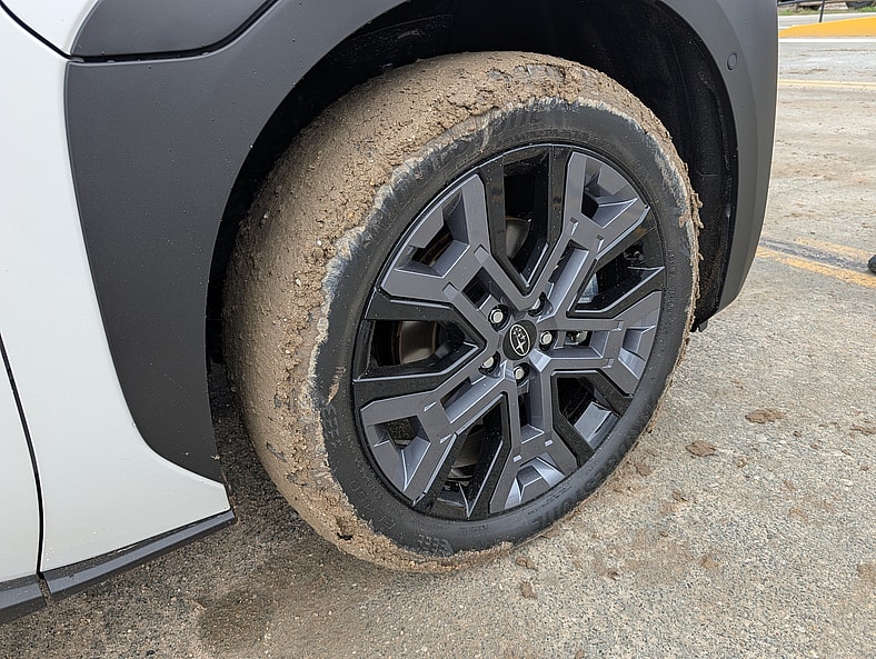 The Front Tire Of A Muddy 2026 Subaru Uncharted