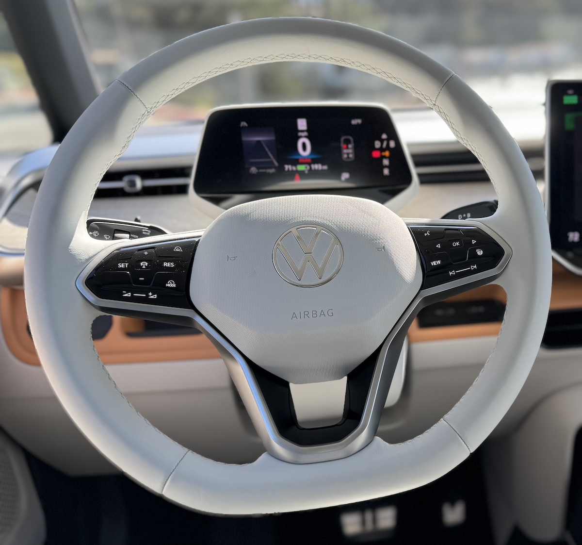 The steering wheel and driver display in the VW ID Buzz