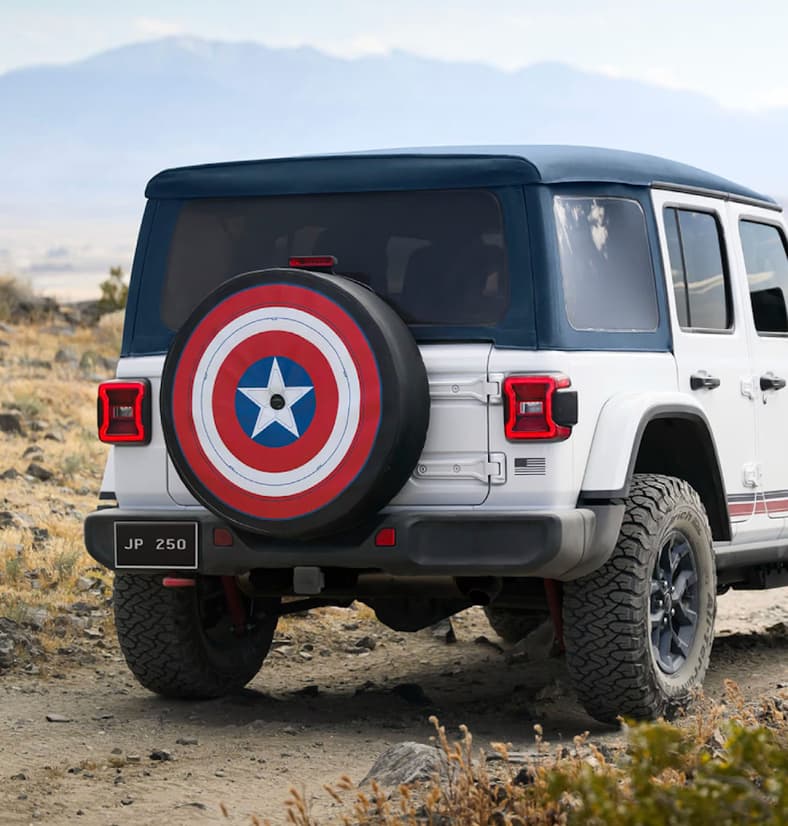 The Jeep Wrangler'S Tire Looks Perfect Adorned With Captain America'S Shield