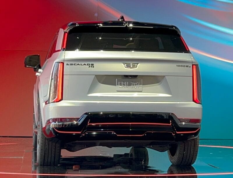 The Rear Of The 2025 Cadillac Escalade Iq Still Carries A Nod To The Iconic Fin Design