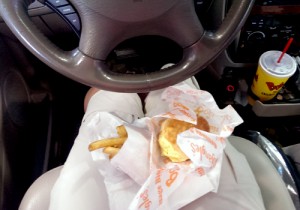 Eating Bojangles On My Lap In My Car During Oil Change Lunch