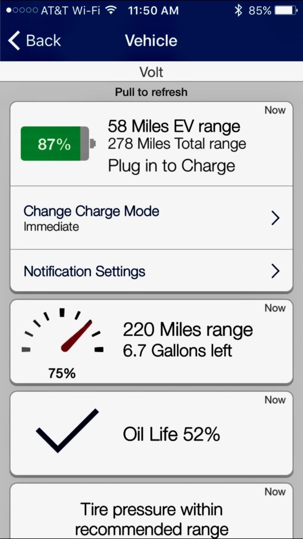 The OnStar App shows important information about our Chevrolet Volt