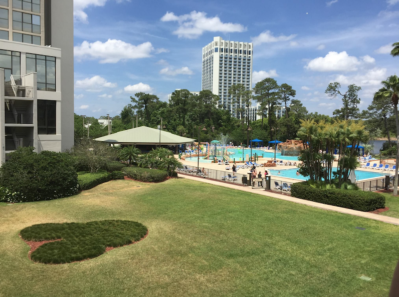 The view of the pool from our garden room Wyndham Lake Buena Vista (notice the Mickey garden in the center of the courtyard
