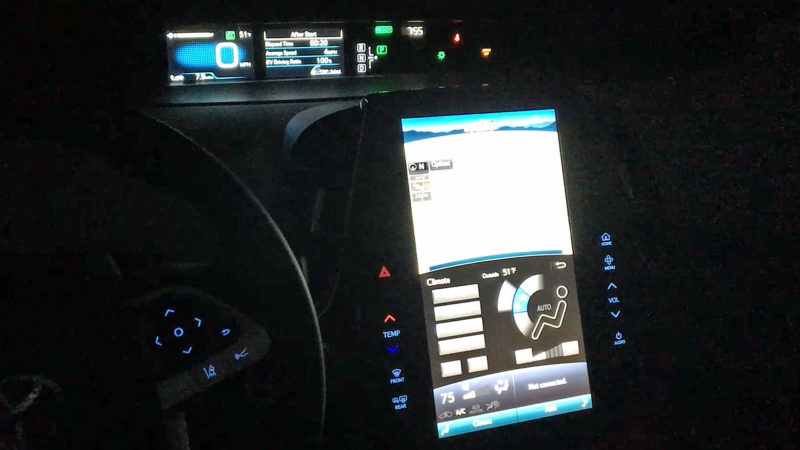The Prius Prime's huge infotainment screen is a bit too bright for night driving.