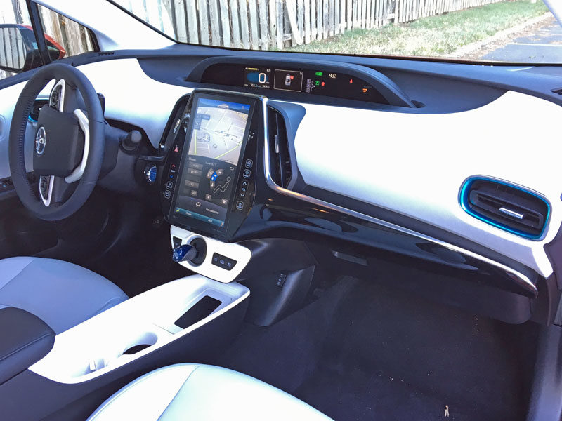 The unique design of the Prius Prime dashboard.