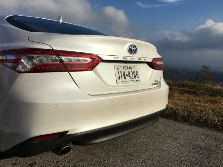 Rear End View of the 2018 Toyota Camry Hybrid XLE. Photo: Erica Mueller