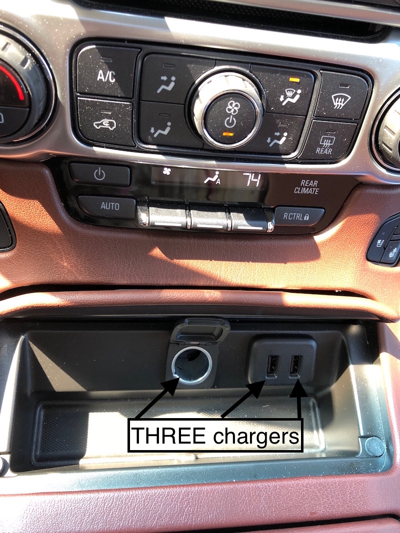 The Chevy Tahoe, a full size SUV, has Multiple charging ports that will keep the entire family happy and bickering to a minimum. No promise that you won't still hear "Mom....he's touching me."