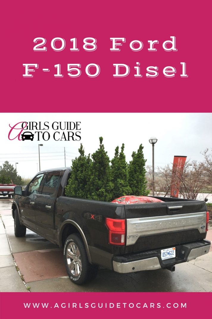 Transporting four green evergreen trees in the bed of a black F-150 Power Stroke Diesel