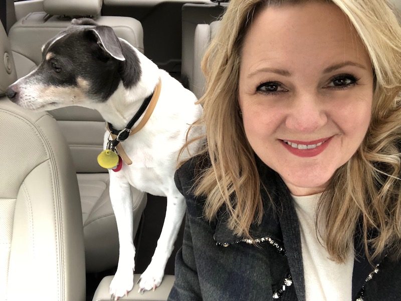 blond woman with black and white dog in a suv with tan interior