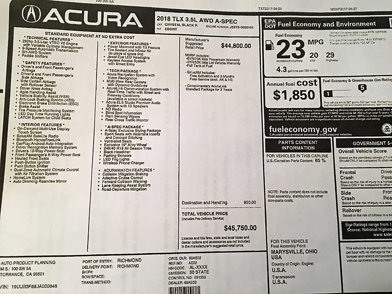 2018 Acura TLX AWD A-Spec Monroney.