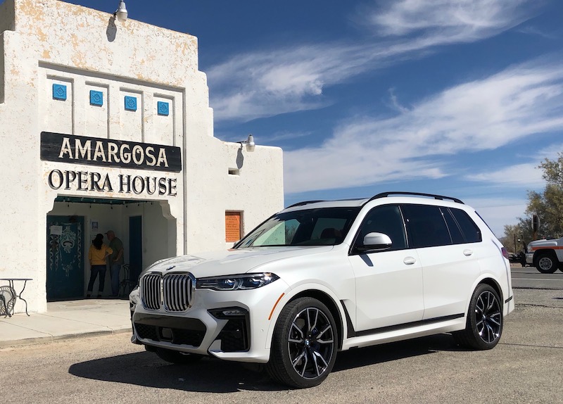 White BMW X7 in front of Amargosa Opera House