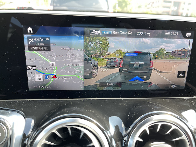 The Mercedes Benz AMG GLB 35 has augmented reality navigation, which layers turn by turn directions over a video view, which is pretty cool