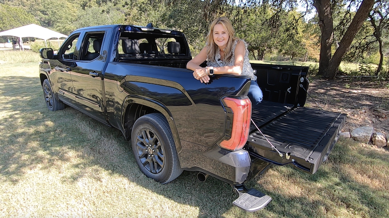 The step that pops out from under the bumper (an optional accessory) makes getting in and out of the truck bed easy