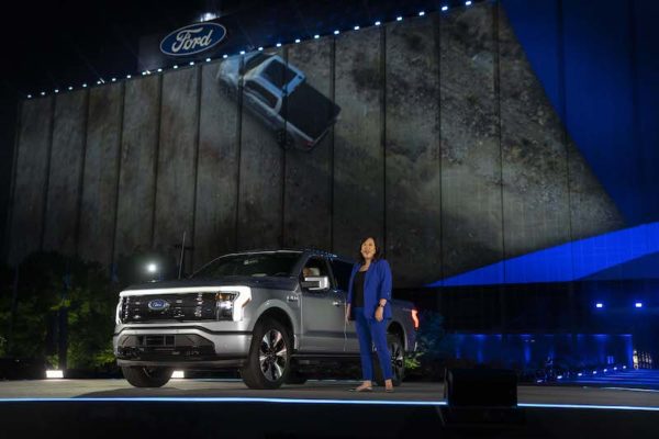 Linda Zhang, F-150 Lightning Chief Program Engineer, explains details of Ford’s first all-electric truck at the reveal of the all-new Ford F-150 Lightning at Ford World Headquarters in Dearborn, Michigan, on May 19, 2021.