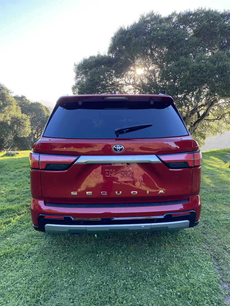The rear end of the 2023 Toyota Sequoia has the model's name spelled out across the liftgate