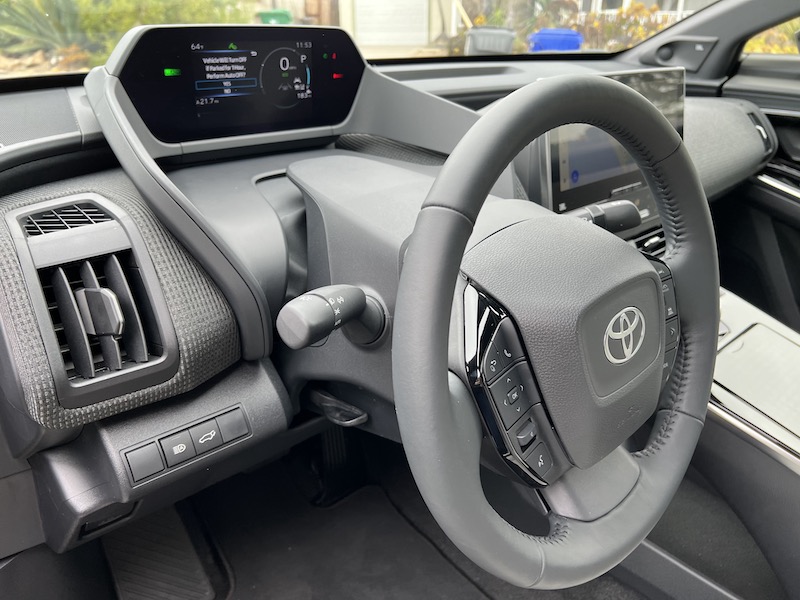 The elongated steering column and driver information screen in the Toyota bZ4X