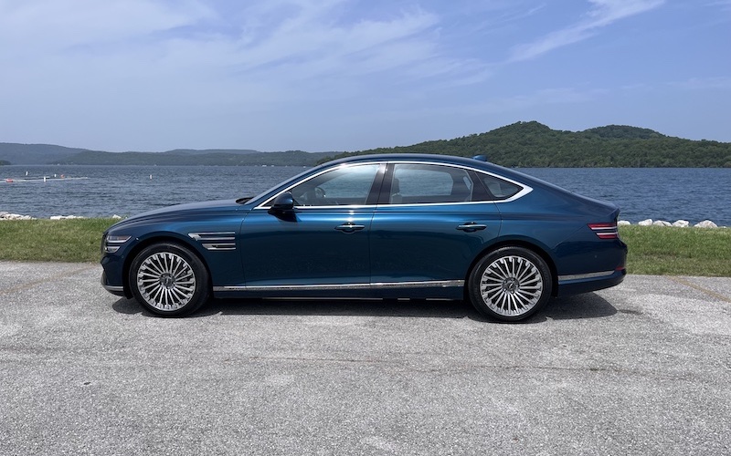 2023 Genesis Electrified G80 in the exclusive Matira Blue paint color Photo: Sara Lacey
