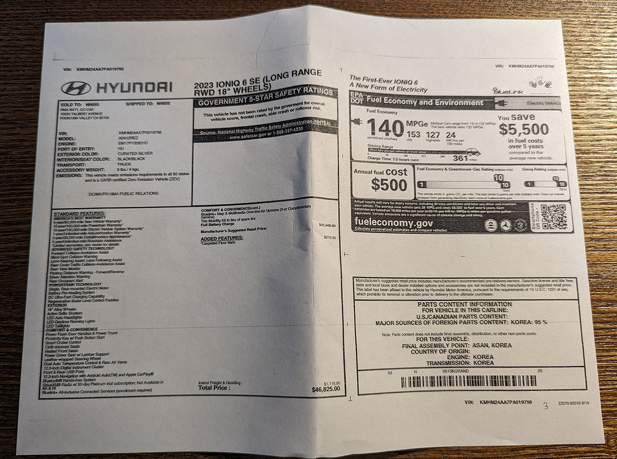 The Hyundai Ioniq 6 Monroney