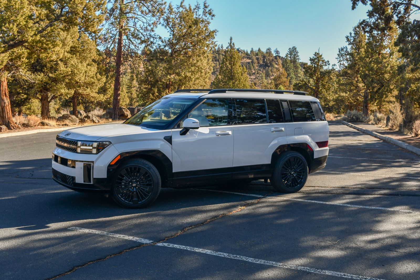 The 2024 Hyundai Santa Fe Hybrid Review: This Car is So Good My Husband Wants One ASAP 3 The 2024 Hyundai Santa Fe Calligraphy Hybrid Parked In A Woodsy Parking Lot