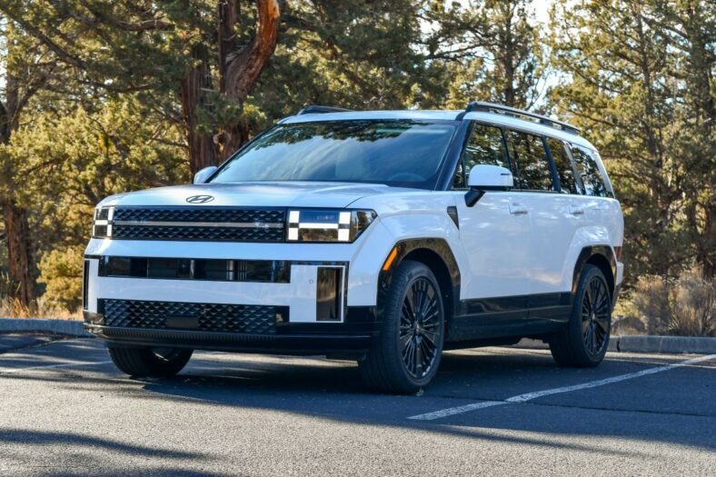 The 2024 Hyundai Santa Fe Hybrid Parked In A Shady Spot With Green Trees In The Background