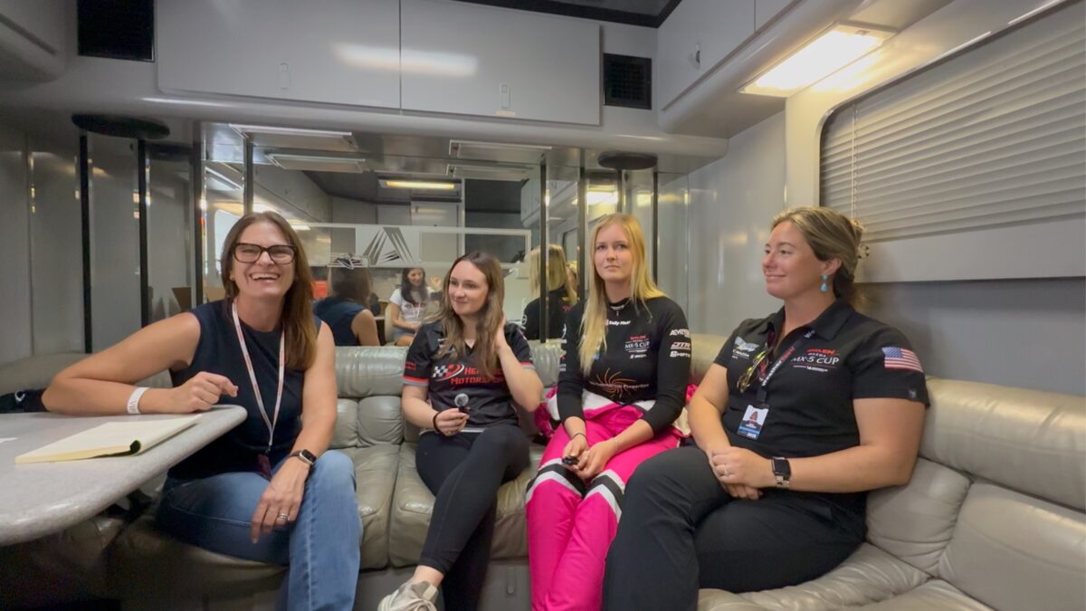 Sara Lacey Talking With Sally Mott, Heather Hadley, And Shea Holbrook Mazda Miata Mx-5 First To The Finish
