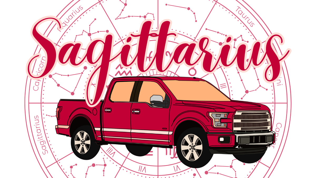 The Word &Quot;Sagittarius&Quot; Over A Pickup Truck Astrology Sign