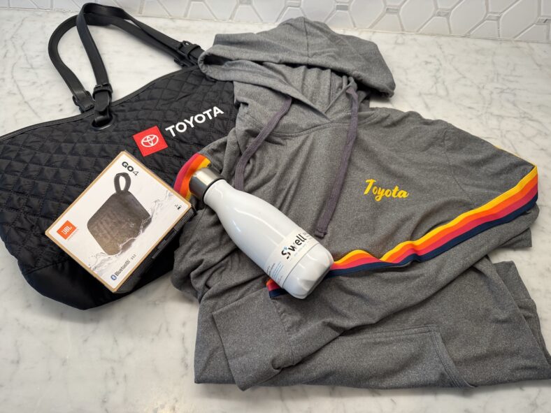 This Toyota Gift Pack Features A Hoodie (Women'S M) A Jbl Speaker, A Toyota Tote And A Swell Water Bottle